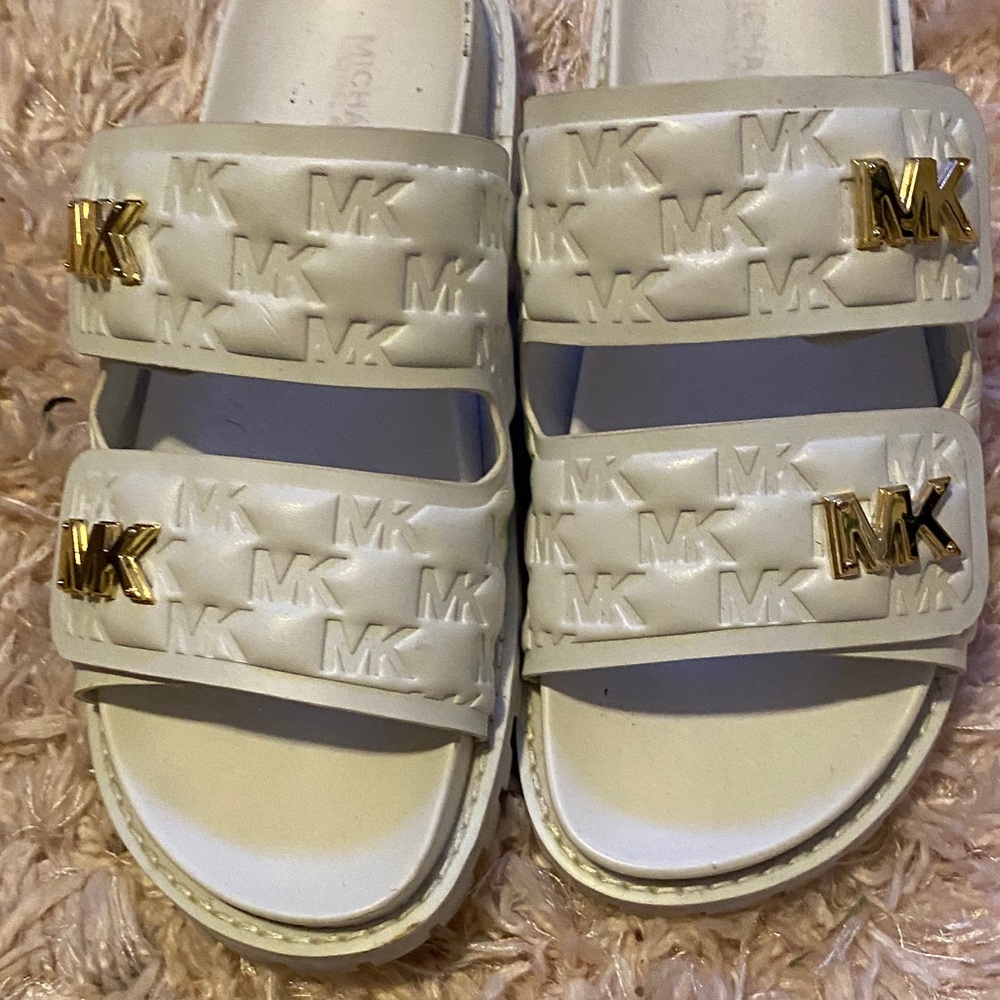 Michael Kors white Slide Sandals with Gold Accents